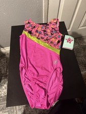 GK Stars New Gymnastics Leotard Pink Metallic Lime Green Stripe CL Girls 10