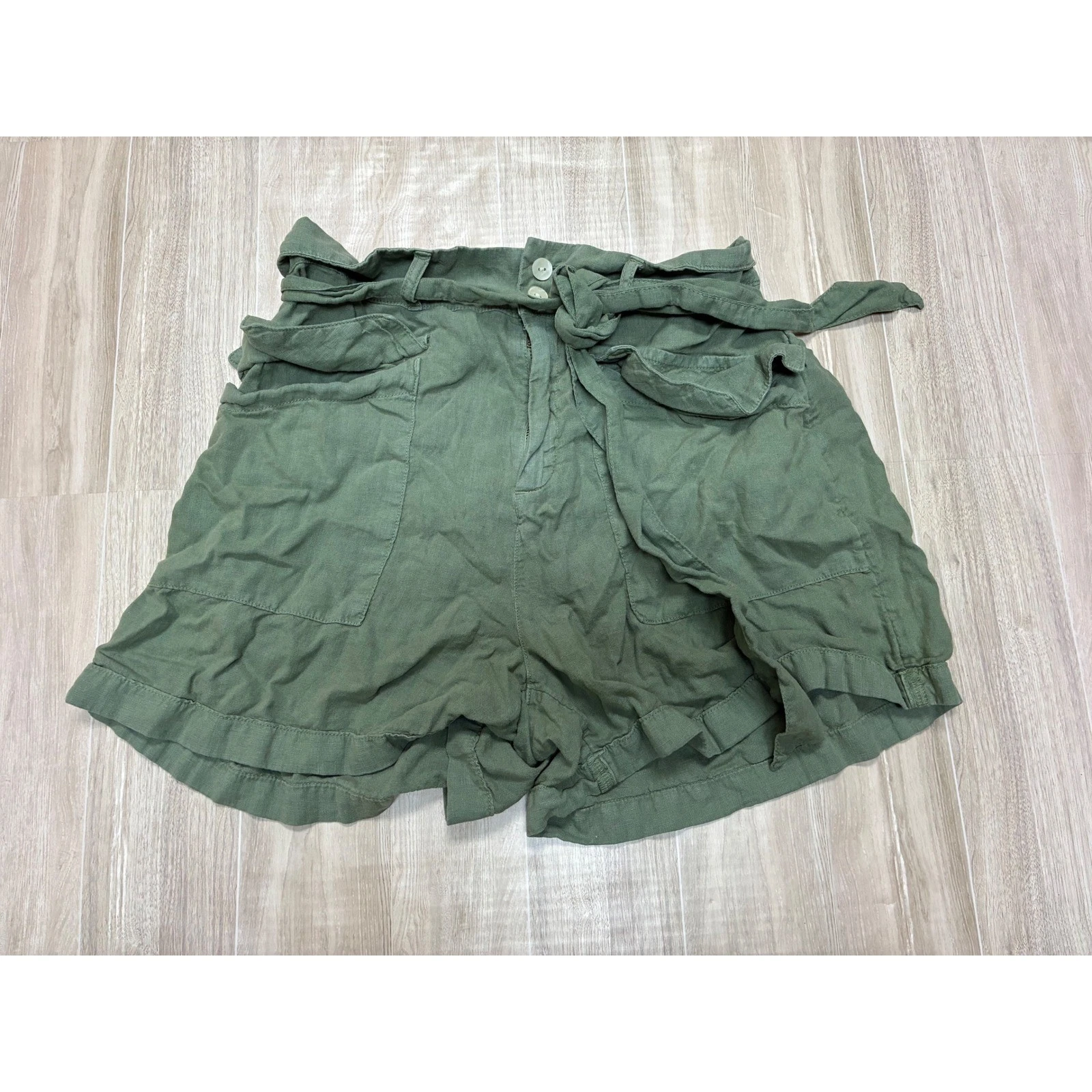 Nicole Miller New York Olive Green Linen Blend Paperbag Waist Shorts Mens Size M