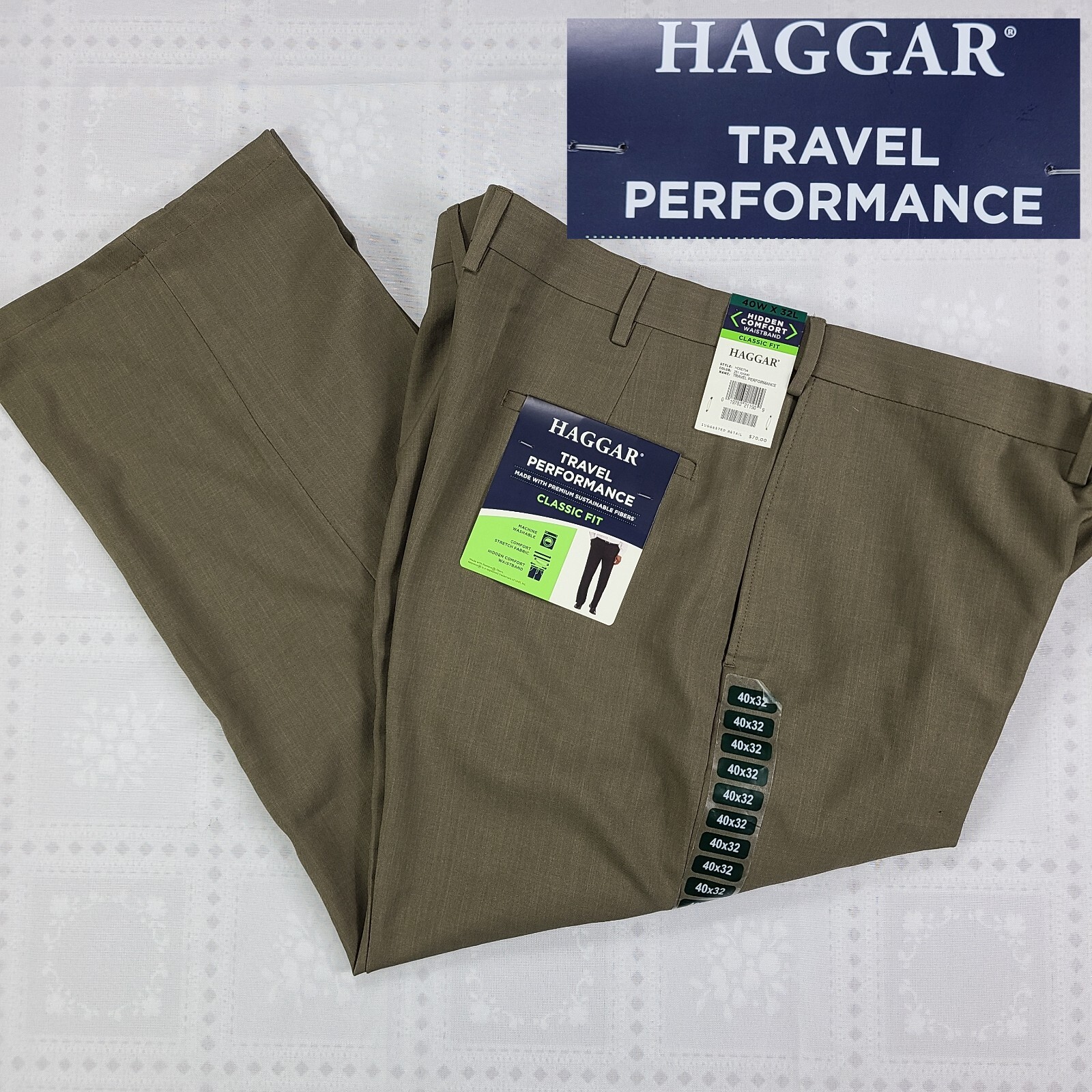 Haggar Travel Performance Mens Dress Pants 40x28 Olive Green New NWT