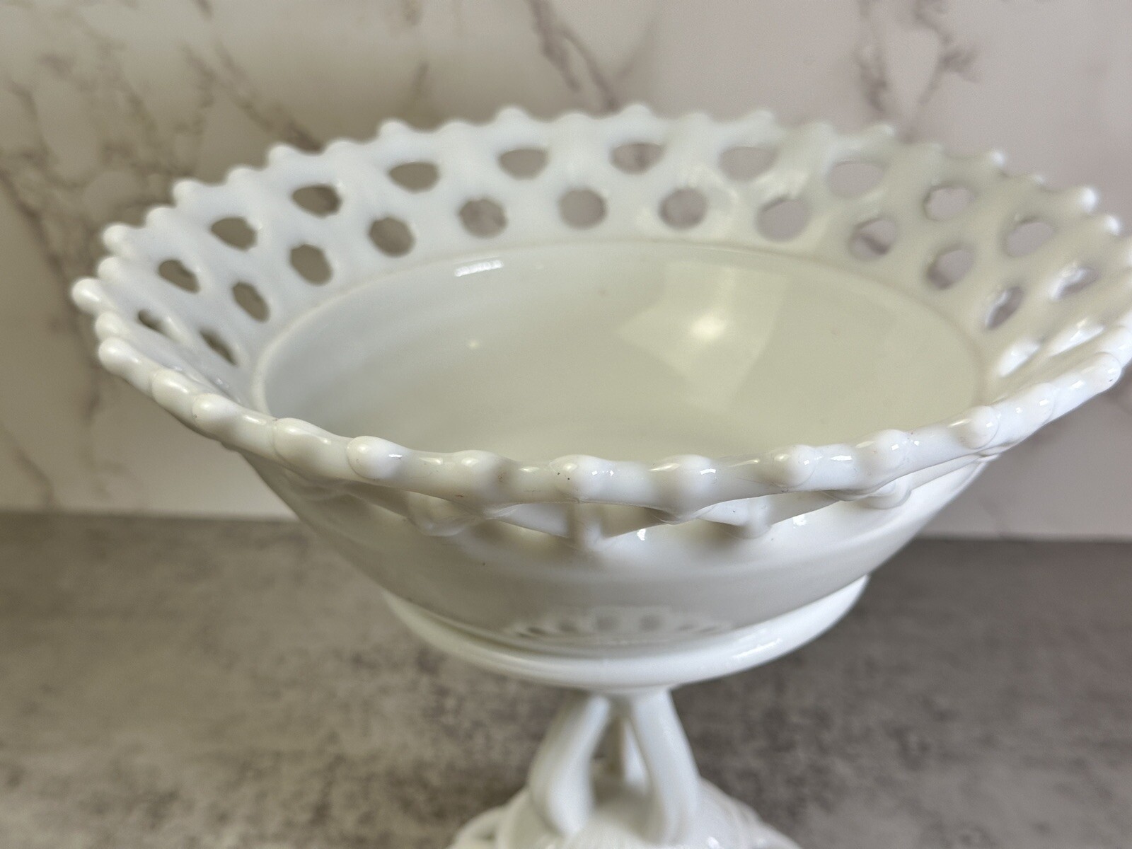 Vintage Westmoreland White Milk Glass Open Lace Pedestal Compote Fruit