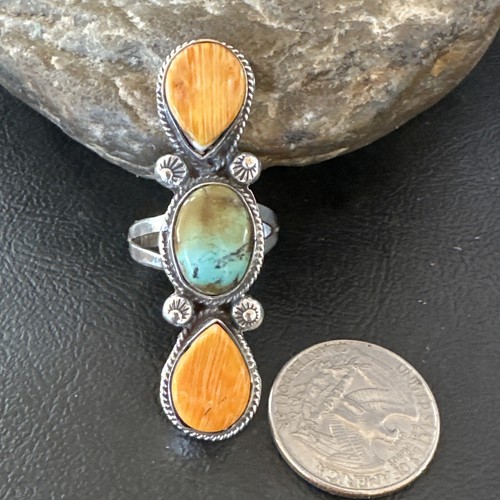 Womens Green Turquoise Spiny Oyster 3S Navajo Sterling Silver Ring Sz 10.5 16716 - Picture 6 of 12