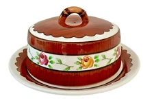 Orchard Ware Lidded Cheese Keeper Woodgrain Design Roses PY Japan