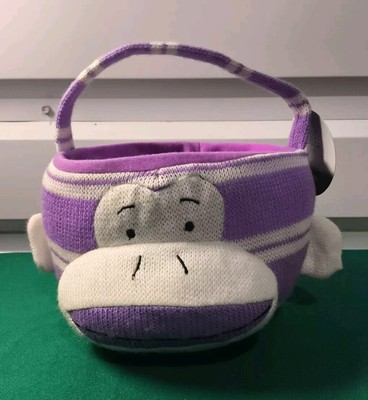 Sock Monkey Basket Bucket  Dan Dee Plush Purple White Color