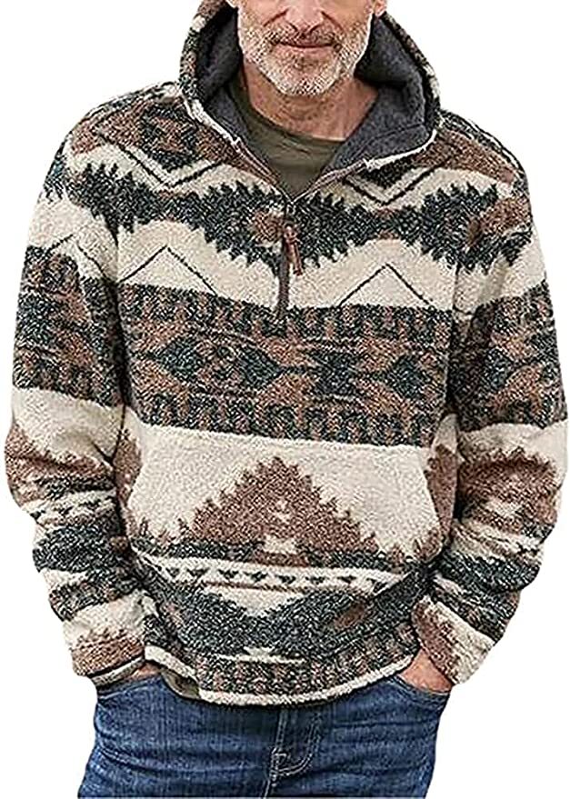 Men's Tribal Aztec Printed 1/4 Zip Fuzzy Sherpa Pullover Sweatshirt
