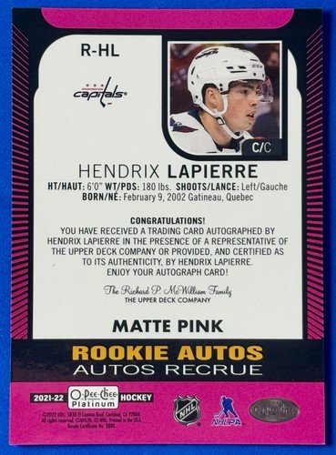 2021-22 O-Pee-Chee Platinum Rookie Autos Recrue Matte Pink Hendrix Lapierre R-HL - Bild 2 von 6