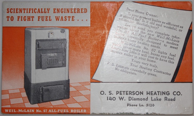 Vintage Weil-McLain No. 67 All-Fuel Boiler Ink Blotter O.S. Peterson Heating Co.