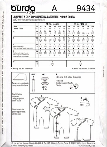 Burda Kids Sewing Pattern 9434 Baby Jumpsuit Romper Cap Size US 1M-18M - Picture 2 of 2