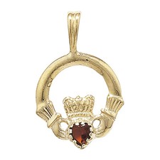 Yellow Gold Garnet Claddagh Pendant Hallmarked British Made All Chain Lengths