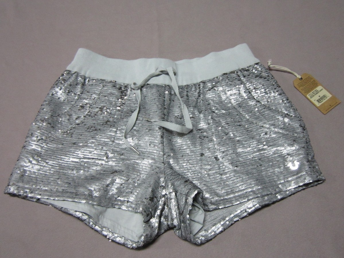 TRUE RELIGION WOMENS SEQUIN RUNNER SHORTS PALE AGAVE SILVER SHORTS