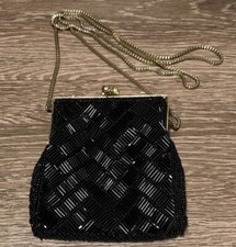 Vintage La Regale Black Hand Beaded Evening Purse Kiss Lock Goth Glam Hollywood