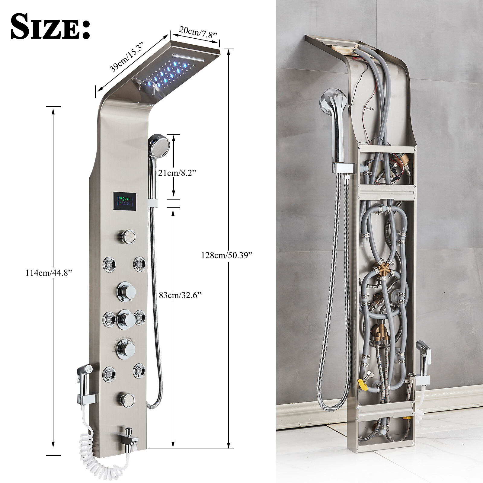 Stainless Steel LED Shower Panel Tower Rain&Waterfall Massage Body Jets System