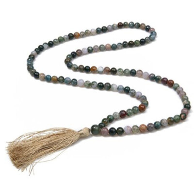 6mm Indian agate Gemstone 108 Beads Mala Necklace Match Tassel Monk Energy