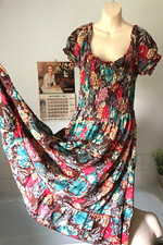 Vintage RAPP Indian cotton tiered gypsy boho ruched elastic summer dress M/L