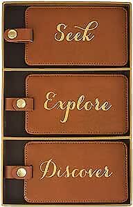 Eccolo 3 Pack Luggage Tag Set, Suitcase Tags Brown - Seek, Explore, Discover - Picture 1 of 2