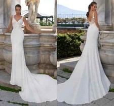 Simple Mermaid Wedding Dresses Applique V-Neck Backless Bridal Gowns Train