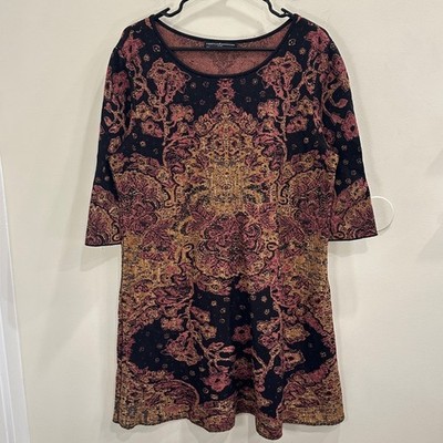 Peruvian Connection Mondovi Dress Black Gold Pima Cotton Metallic Knit XL Boho