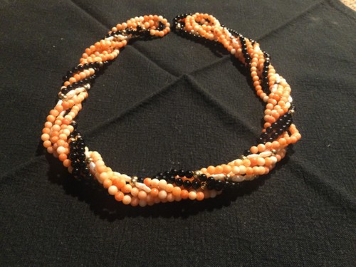 4 strands Coral, Black, Mini Rice Vintage Pearls