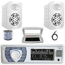 Pyle Single DIN Marine Receiver with cover, 2x 4" 300W Speakers, Antenna, Wire