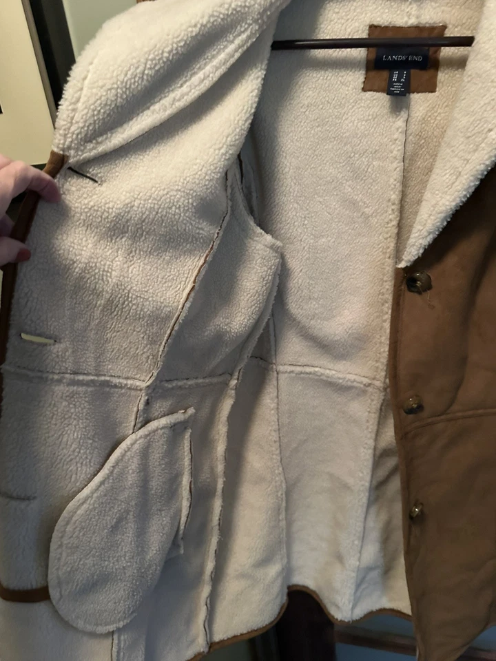 Land's End Women's Sherpa Lined Tan Hooded Coat Fleece Jacket Size L - Image 3 of 4