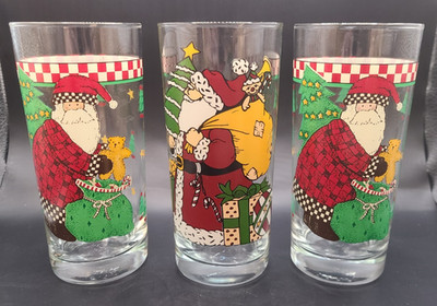 3 Vintage Anchor Hocking Seasons Greetings Santa Claus Tall Glass Tumblers