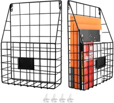 2 Pack Wall-Mounted Metal Magazine File Holder, Black Wire Rack 14.1x10.2in