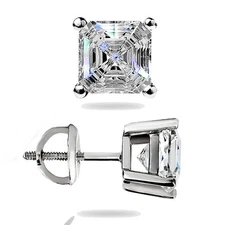 2 Ct Asscher Cut Lab Created Stud Earrings Solid 14K White Gold Screw Back Gift