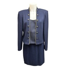 St. John Navy Santana Knit 2 Pc Blazer  Skirt Set Vintage sz 8 Chunky Buttons