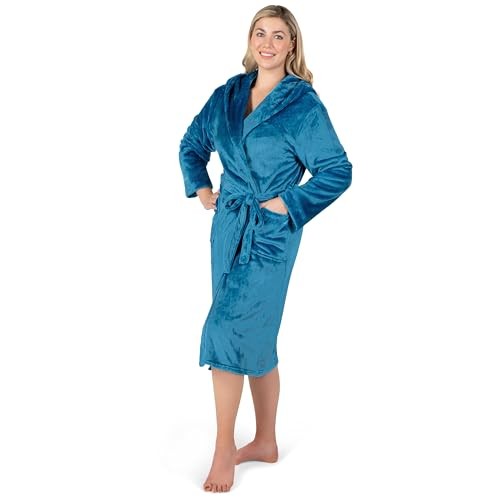 Women Robe with Hood, Fleece Lightweight Soft Long Large-X-Large Teal Blue - Picture 2 of 8