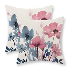 Pink Blue Pillow Covers 18x18 Inch Set of 2 Spring Floral Throw Pillows Seaso...
