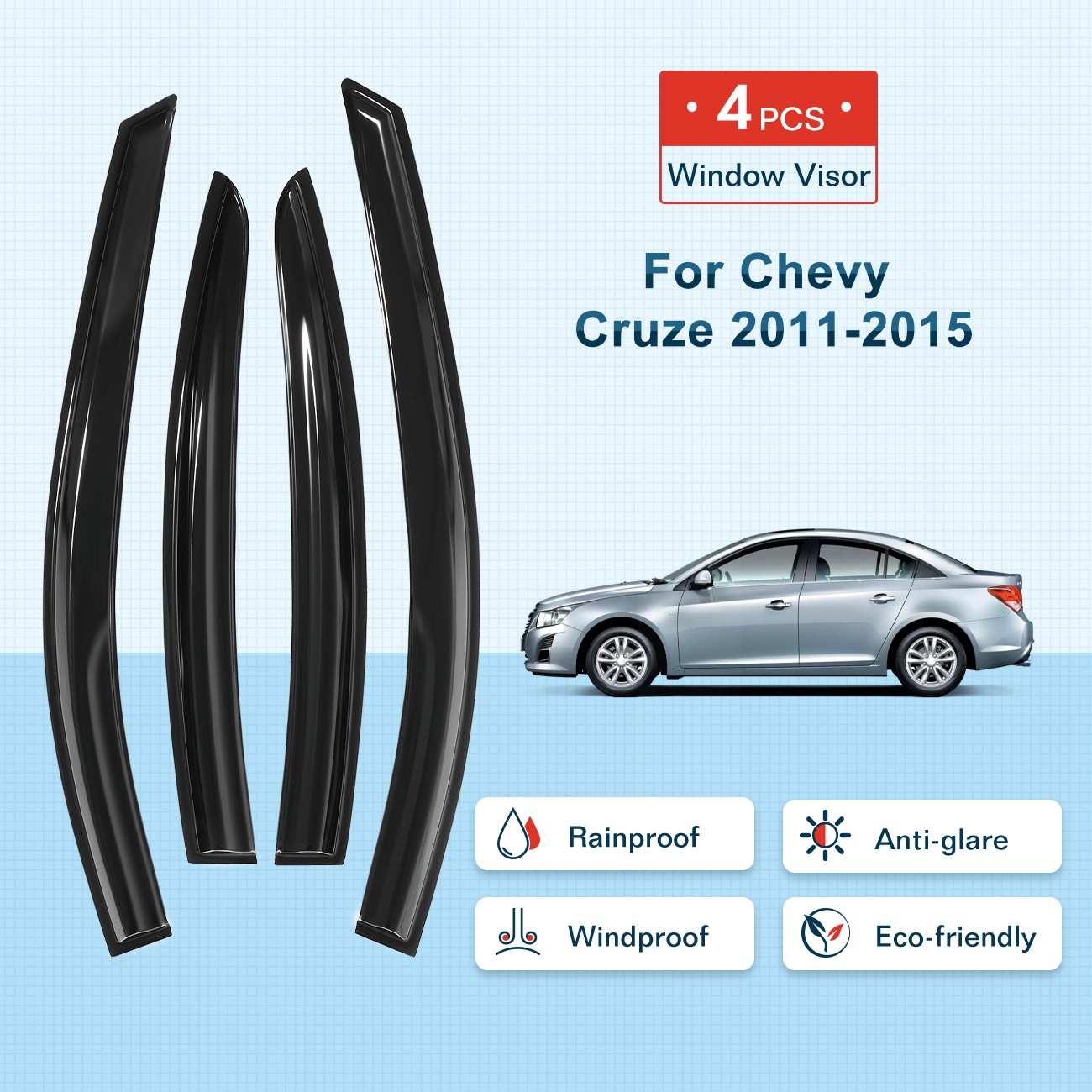 Wind Deflector For Chevy Cruze 2011-2015 Black 4pcs Tape-on Out-Channel