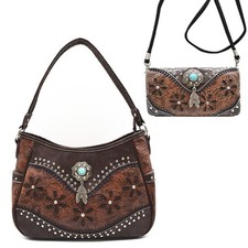 Western Handbag Concealed Carry Purse Feather Women Shoulder Bag Wallet Coffee