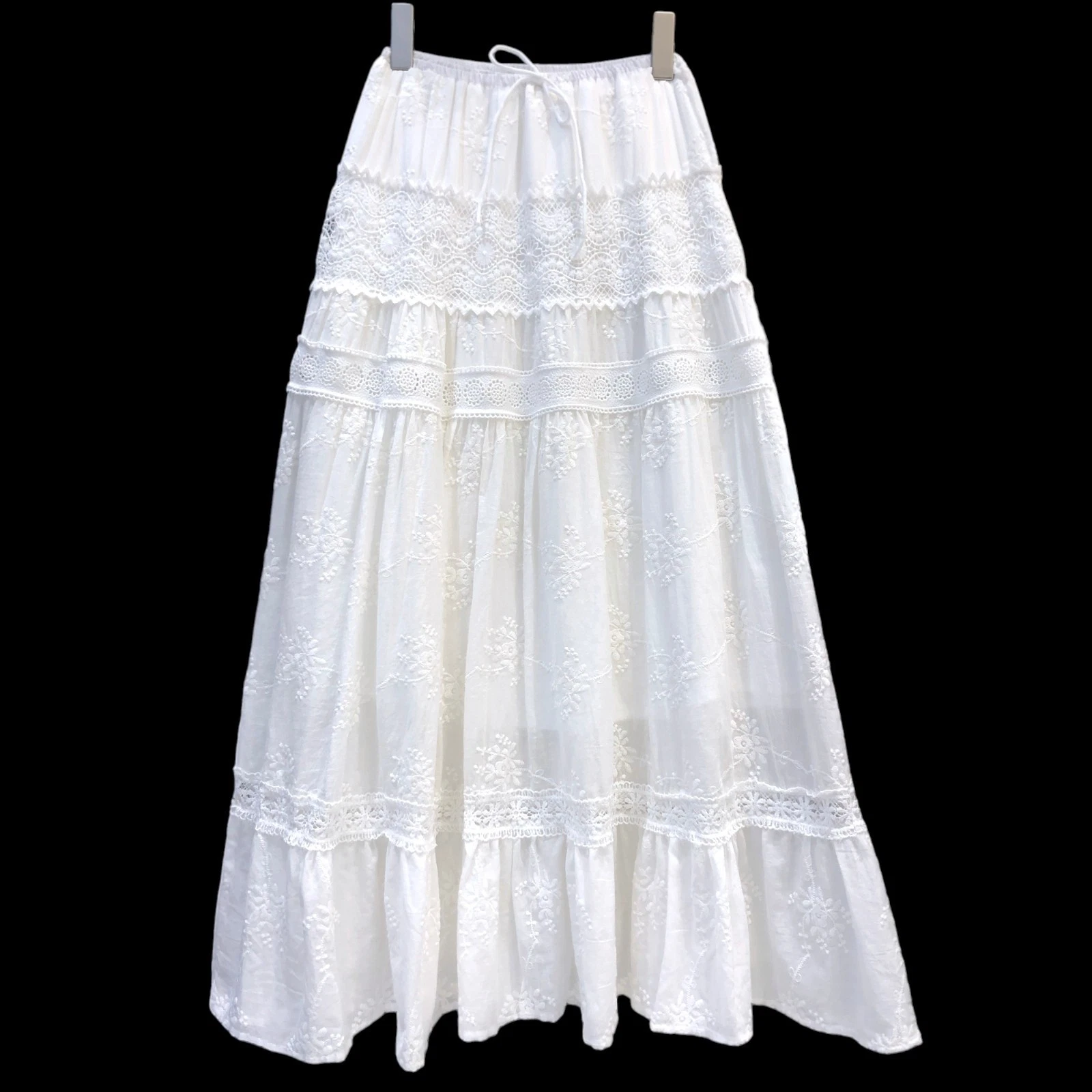 Women’s White Embroidered Lace Maxi Skirt Cottagecore Boho Tiered Elastic Waist