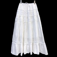 Women  s White Embroidered Lace Maxi Skirt Cottagecore Boho Tiered Elastic Waist