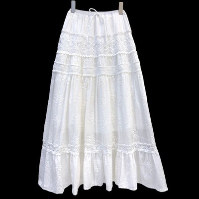 Women s White Embroidered Lace Maxi Skirt  Cottagecore Boho Tiered Elastic Waist