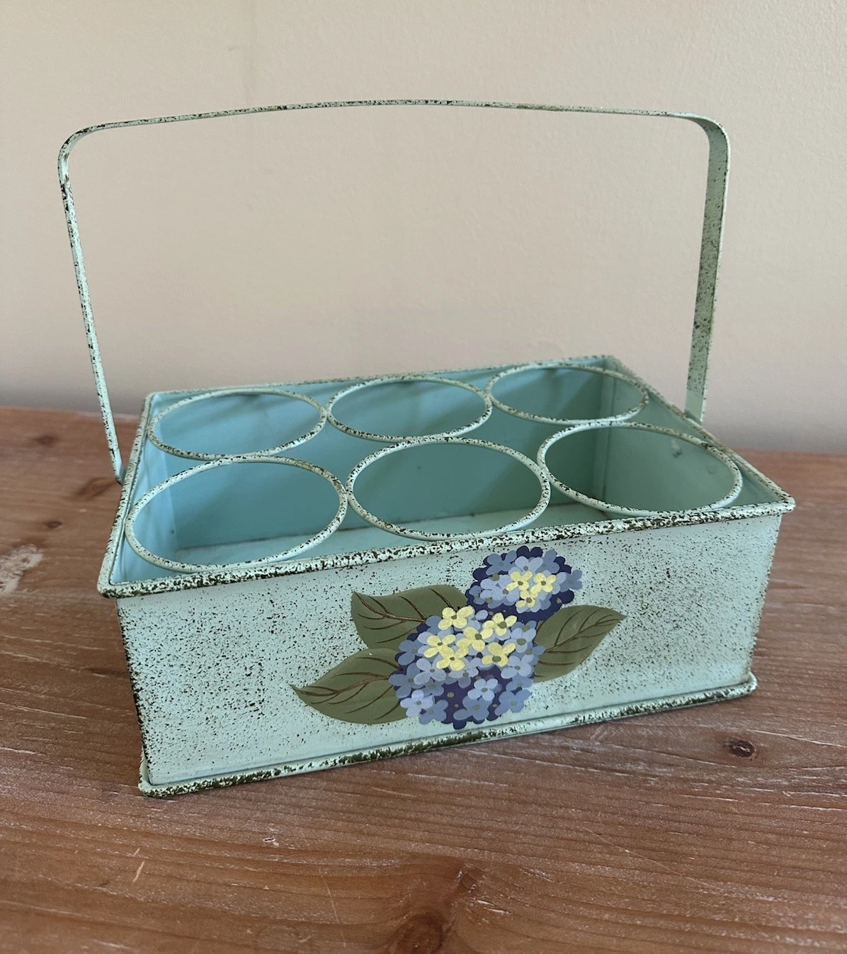Metal Glass Holder Carrier Aqua Blue Hydrangeas