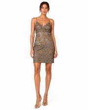 SUE WONG Nocturne Taupe Beaded Embroidered Embellished Floral Dress 2 XS VTG