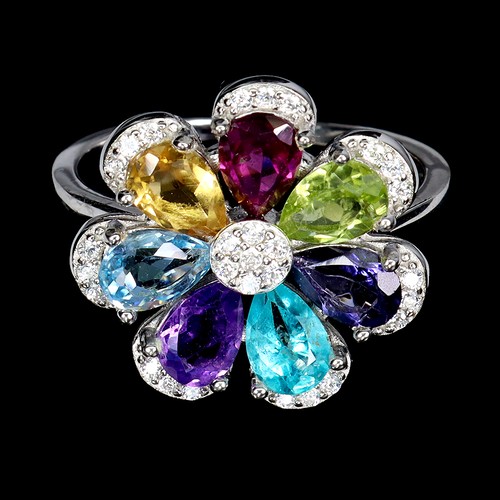 925 Sterling Silver Ring Pear Peridot Citrine Iolite Gemstone Flower Jewelry Sz