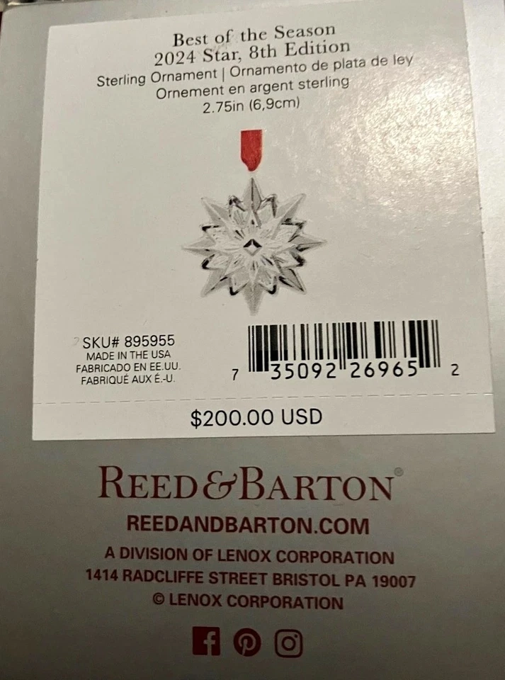 Рождественское украшение Reed & Barton 8th Annual 2024 STERLING STAR лучшее в сезоне новое в коробке - Изображение 4 из 4