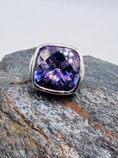 Vintage 925 Silver Large Faceted Checkerboard Cushion Amethyst Stone Ring Size 7