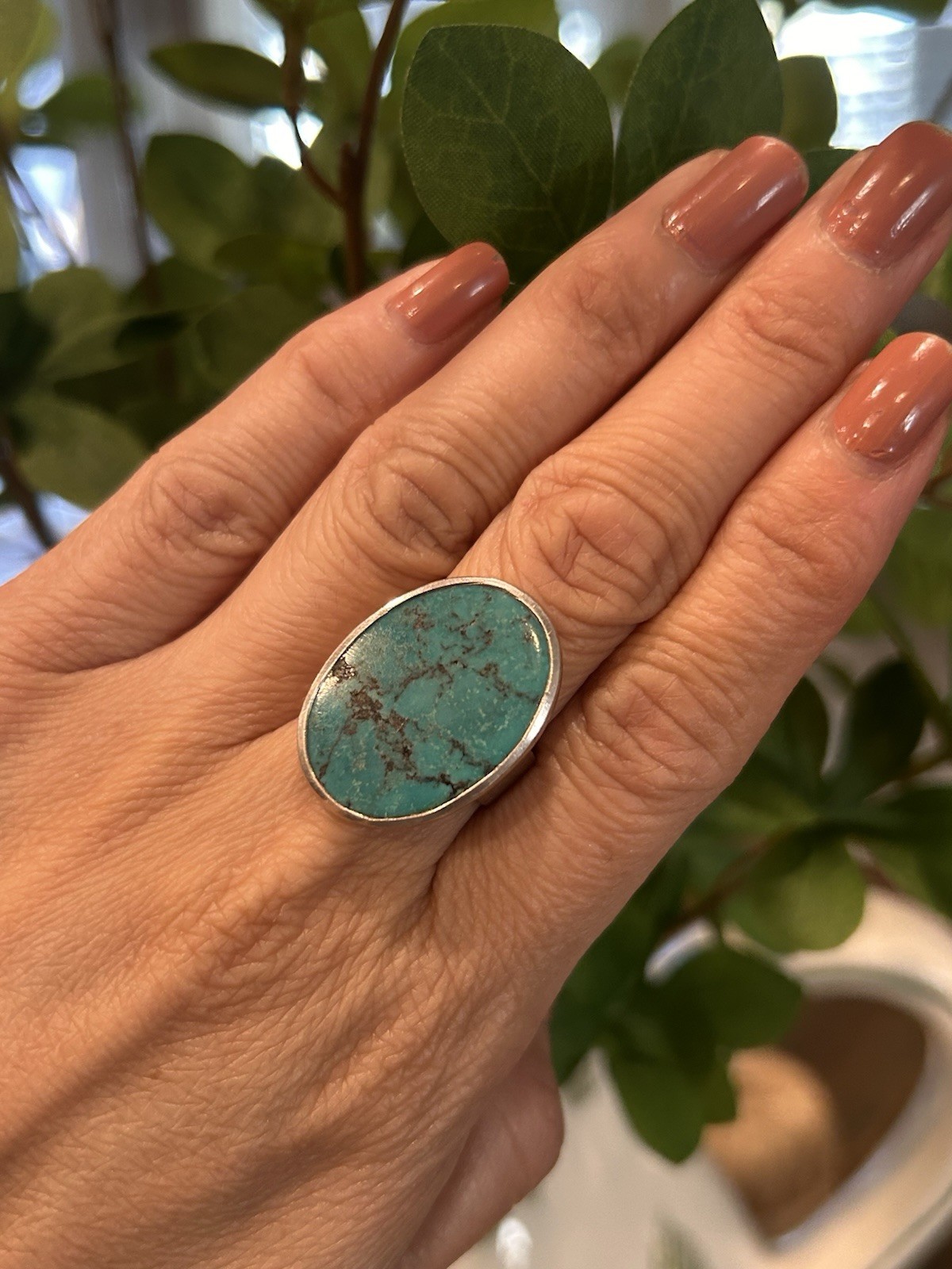 Large Sterling Silver Flat Turquoise Ring - image 1