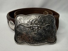 VINTAGE JUSTIN SILVER MEXICO BELT BUCKLE TONY LAMA WESTERN BELT LEATHER #7239L