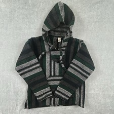 Baja Hooded Hippie Mens Large Pouch Pocket Mexican Poncho Vintage Pullover