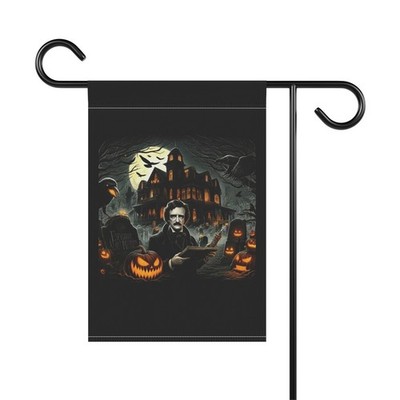 Edgar Allan Poe Halloween Garden Flag Haunted House Pumpkins