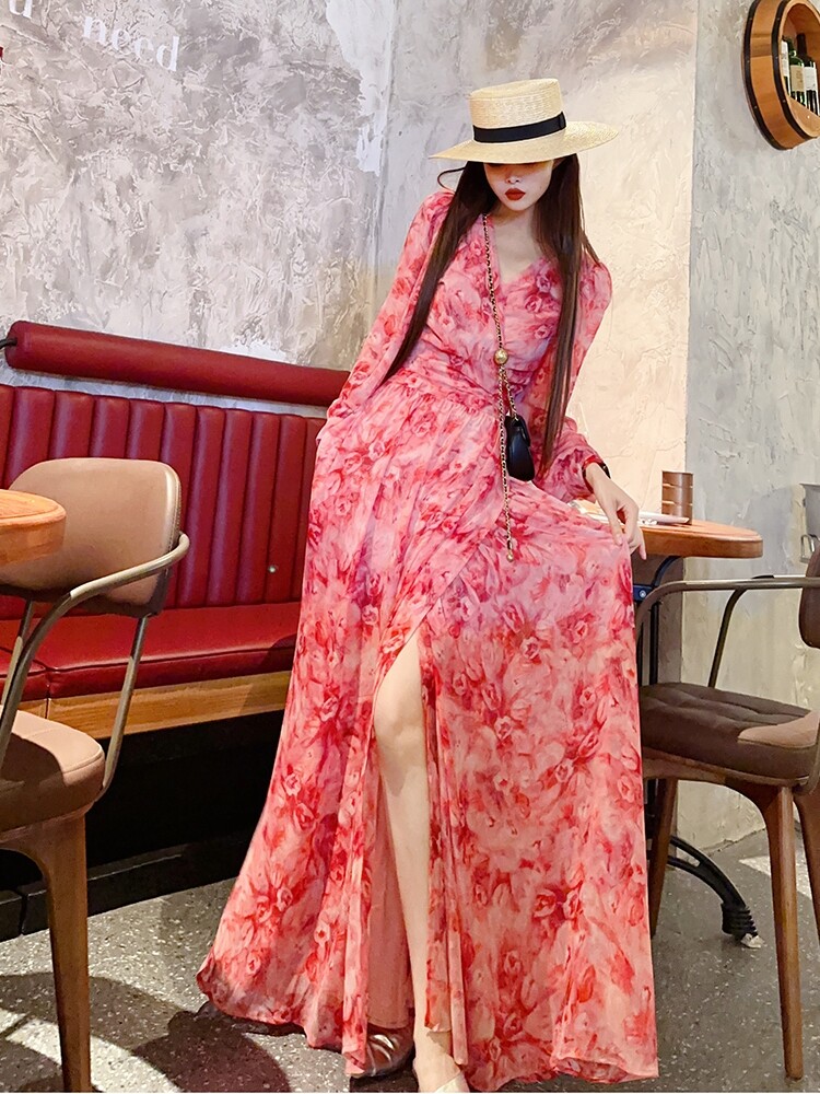 Womens Floral Dress Summer Long Sleeved V Neck Floral Vacation Style Long  Skirts | eBay
