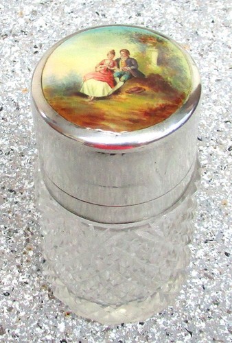 CIRCA 1890's GERMAN STERLING SILVER ENAMEL PAINTING ON CUT GLASS COLOGNE FLASK 