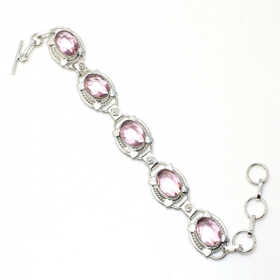 VALENTINO Bracciale gioielli in argento sterling 925 fatto a mano con pietre preziose kunzite rosa misura 7 8"
