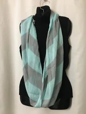 Women's Sheer Woven Scarf Infinity 70X25" Blue Gray Large Stripe Work Church B21