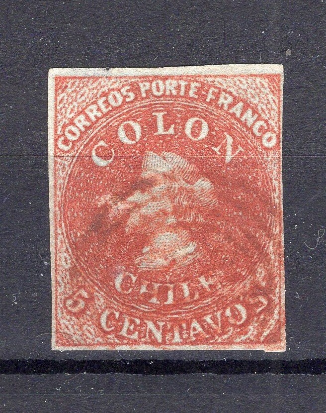 CHILE 1853 First London printing 5c SOFICH 1 wmk. 2 scarce RED CANCEL LO