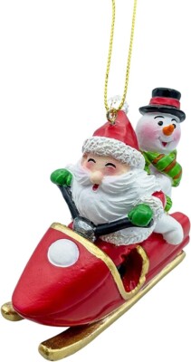Santa Claus Riding A Gold Ski Red Snowmobile Sleigh with Snowman Tree Ornament 