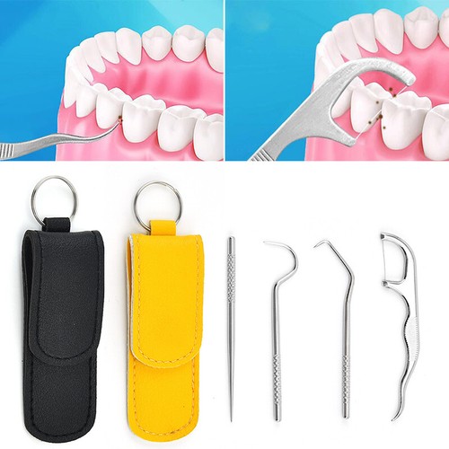 Juego de 4 palillos de dientes de metal de acero inoxidable para limpieza dental oral con bolsa de almacenamiento ‖ - Imagen 4 de 14
